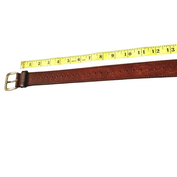 Brown Full Grain Oil Tan Leather Belt Diamond Design Size 36 B46 - Picture 2 of 5